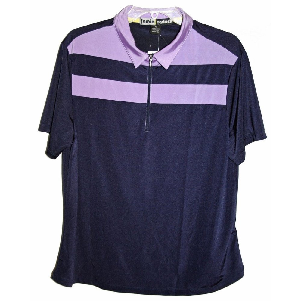 jamie sadock Navy with Lavender Stripe Short Sleeve Zip Polo